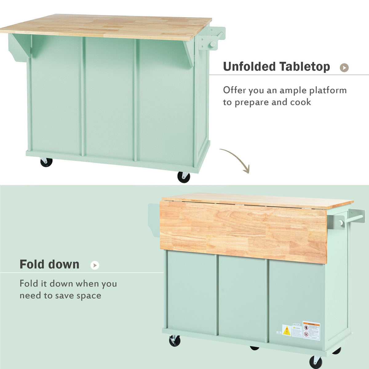 SINOFURN Green Mdf Base with Wood Top Rolling Kitchen Island (17.7-in x 53.1-in x 37.2-in)
