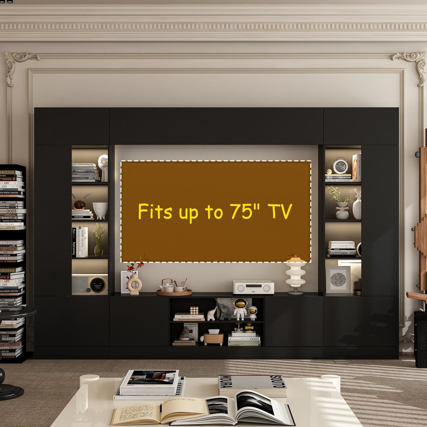 FUFU&GAGA Modern/Contemporary Black Tv Cabinet Integrated Tv Mount (Accommodates TVs up to 65-in)