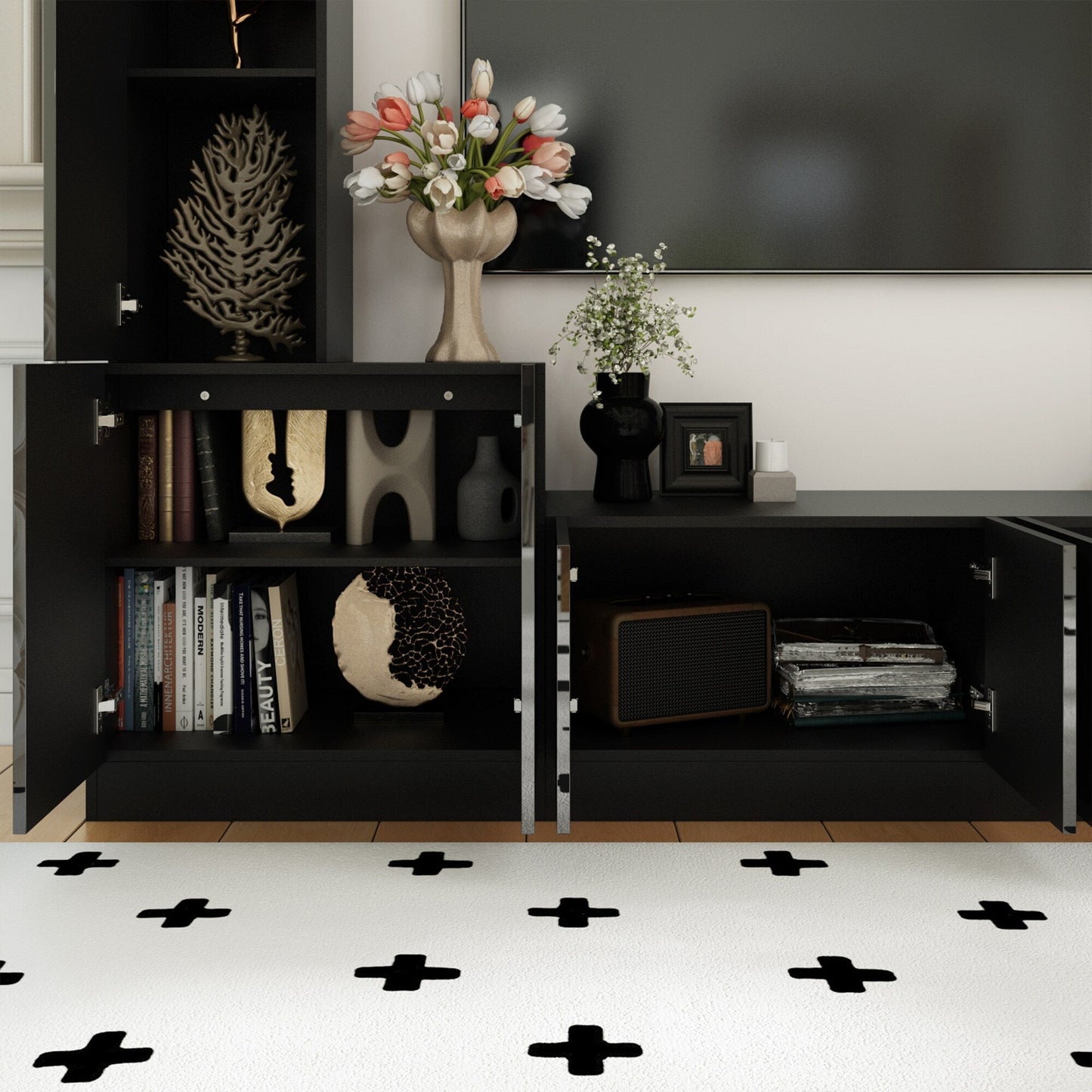 FUFU&GAGA Modern/Contemporary Black Tv Cabinet Integrated Tv Mount (Accommodates TVs up to 80-in)