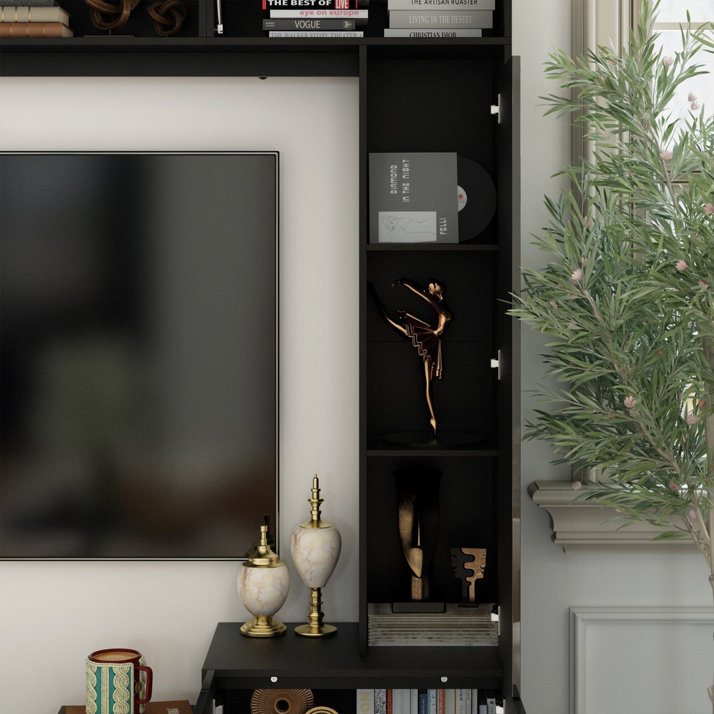 FUFU&GAGA Modern/Contemporary Black Tv Cabinet Integrated Tv Mount (Accommodates TVs up to 80-in)