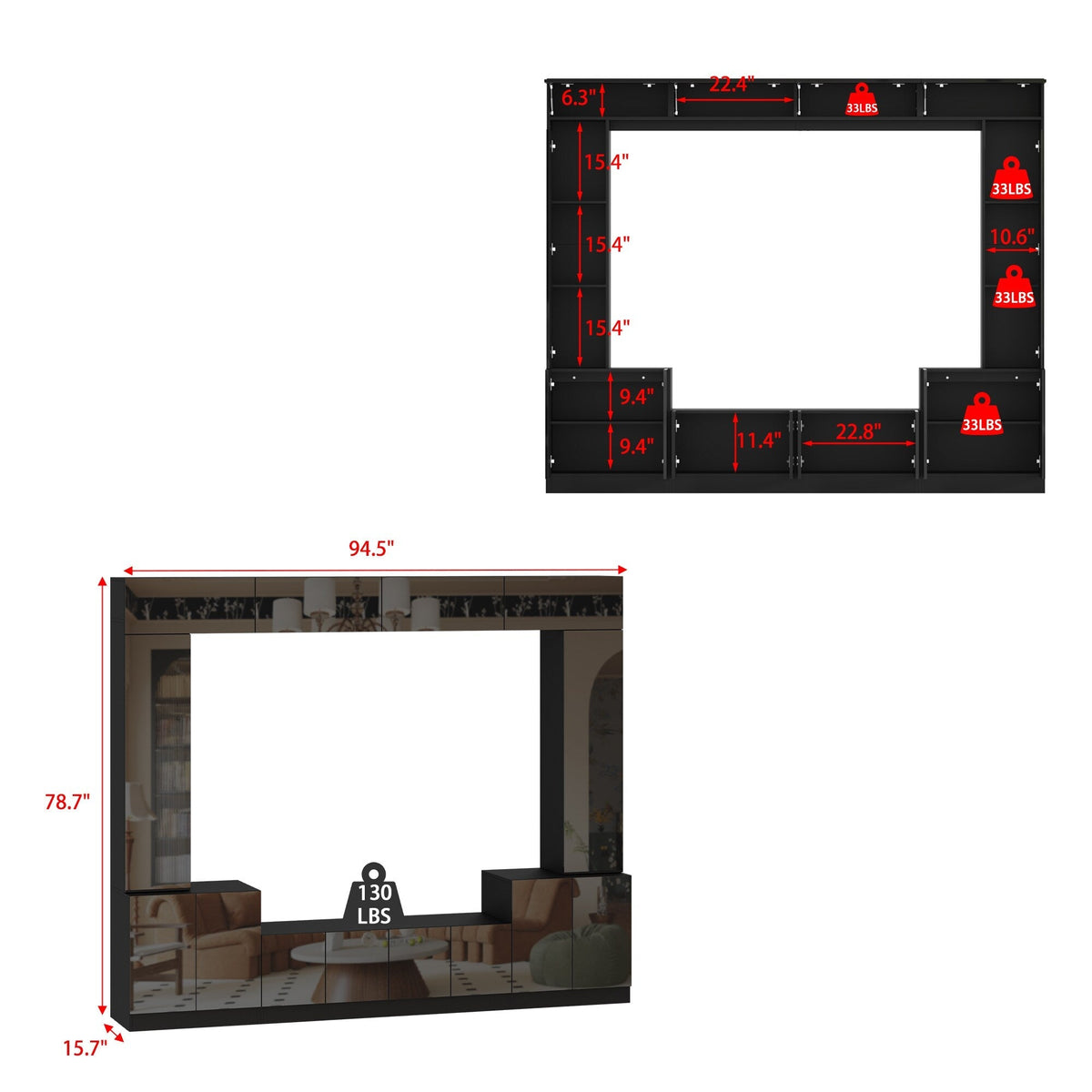 FUFU&GAGA Modern/Contemporary Black Tv Cabinet Integrated Tv Mount (Accommodates TVs up to 80-in)