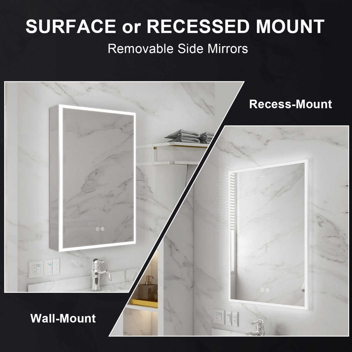 WELLFOR V2 20-in x 30-in Lighted LED Fog Free Surface/Recessed Mount Silver Mirrored Soft Close Medicine Cabinet with Outlet