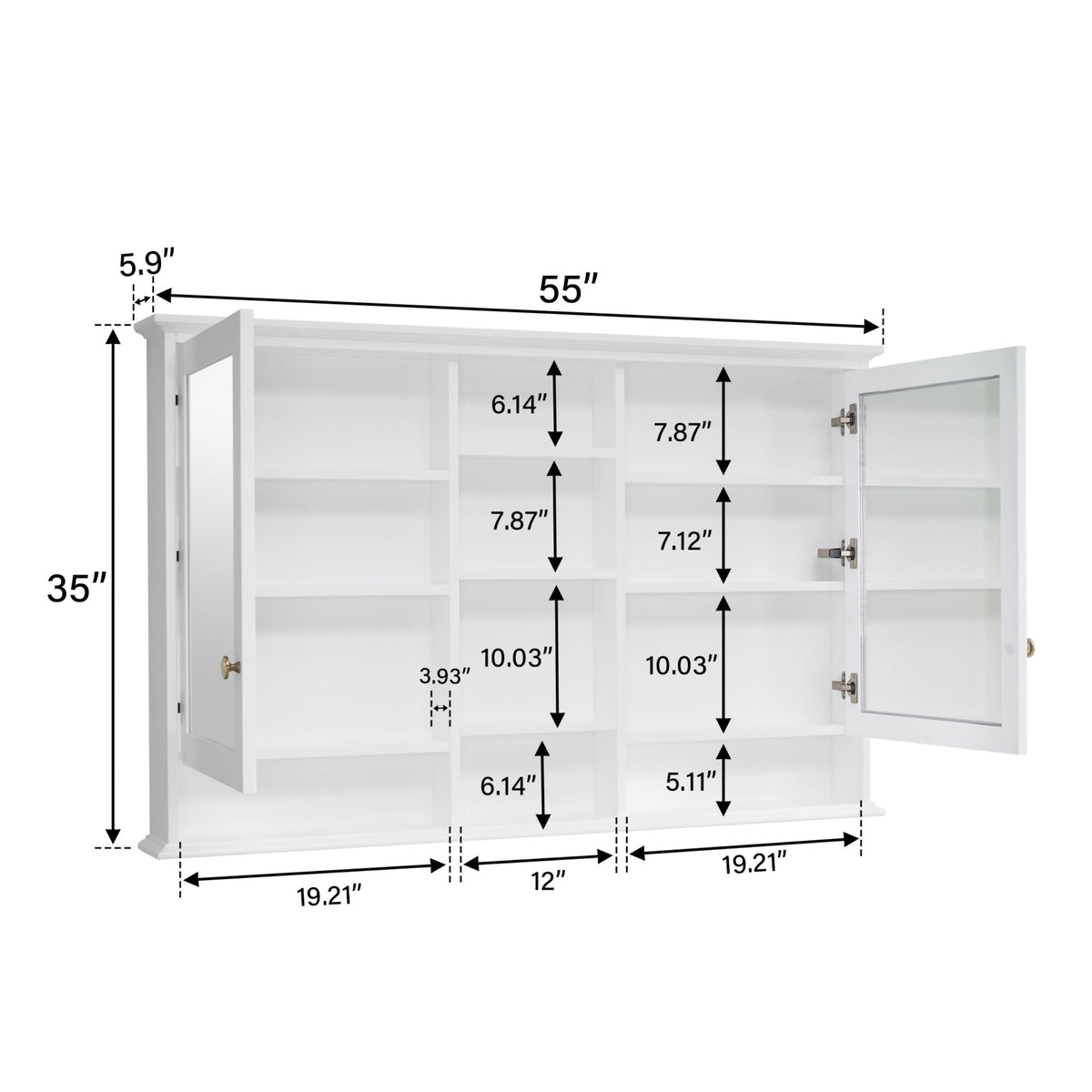 WELLFOR V1 Solid Wood 55-in x 35-in Surface Mount White Mirrored Soft Close Medicine Cabinet