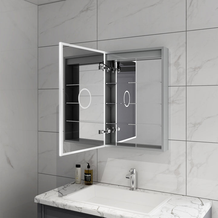 WELLFOR V2 20-in x 30-in Lighted LED Fog Free Surface/Recessed Mount Silver Mirrored Soft Close Medicine Cabinet with Outlet