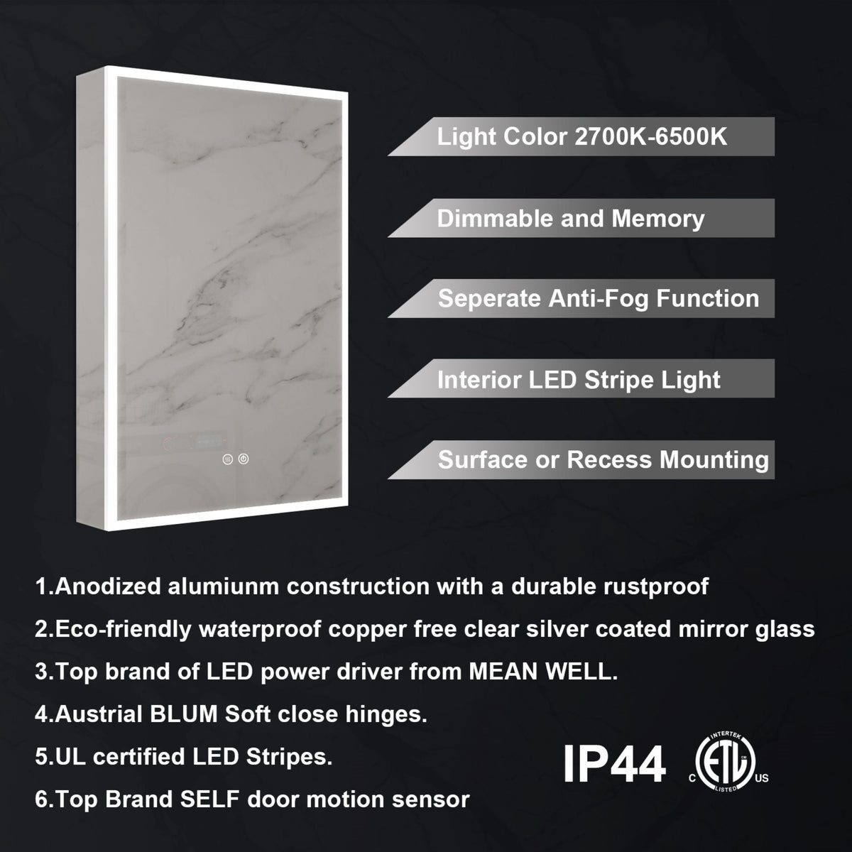 WELLFOR V2 20-in x 30-in Lighted LED Fog Free Surface/Recessed Mount Silver Mirrored Soft Close Medicine Cabinet with Outlet