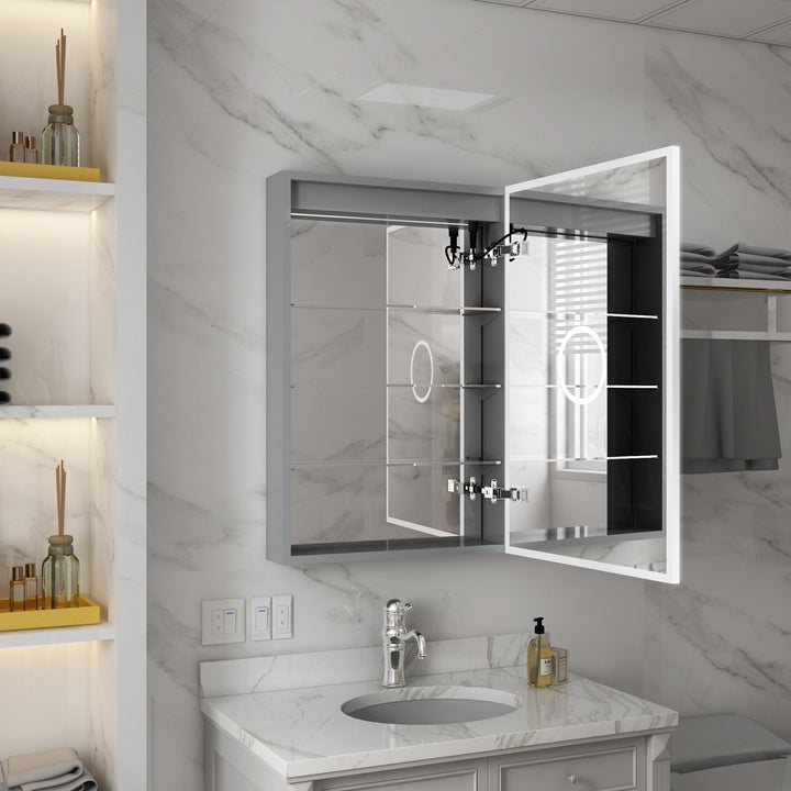 WELLFOR V2 20-in x 30-in Lighted LED Fog Free Surface/Recessed Mount Silver Mirrored Soft Close Medicine Cabinet with Outlet