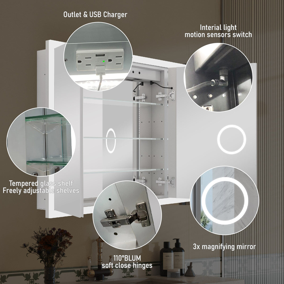 WELLFOR V3 48-in x 32-in Lighted LED Fog Free Surface/Recessed Mount Silver Mirrored Soft Close Medicine Cabinet