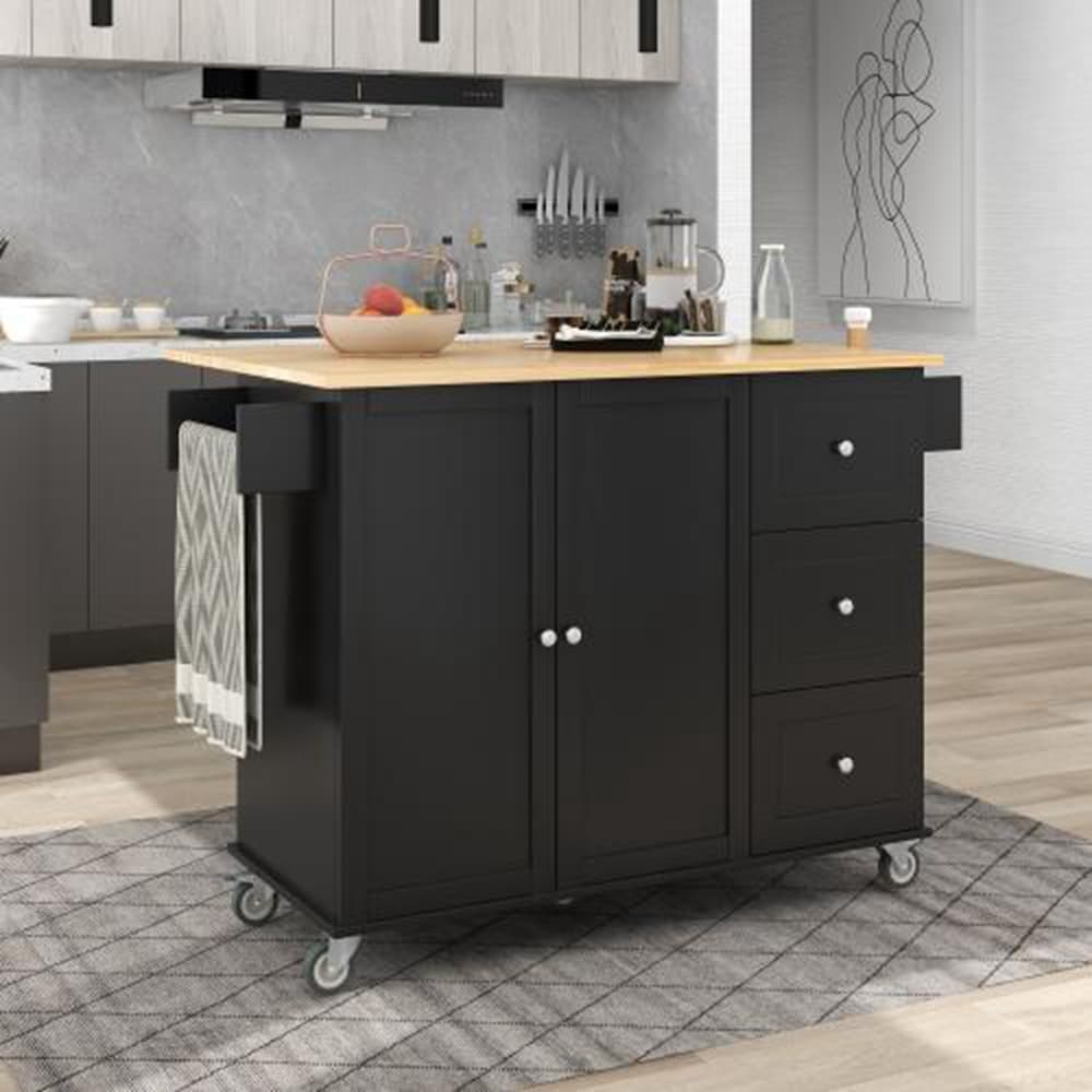 Runesay Black Wood Base with Wood Top Rolling Kitchen Island (29.5-in x 52.76-in x 36.81-in)