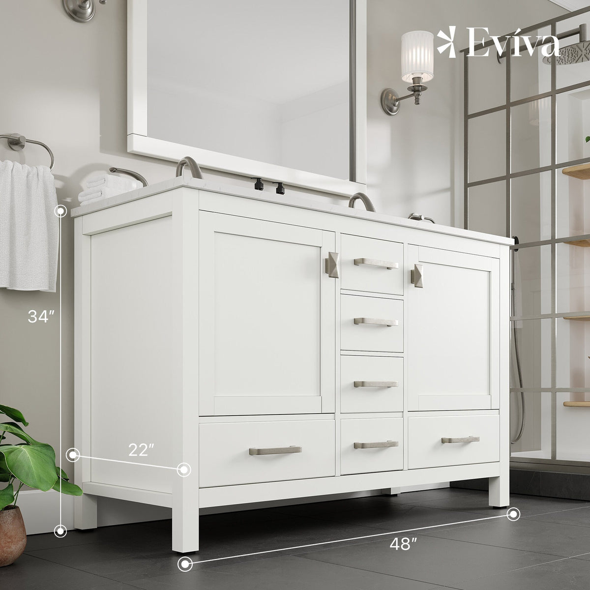 Eviva Aberdeen 48 in. Double Bath Vanity in Blue with White Carrara Marble Top and White Undermount Sinks