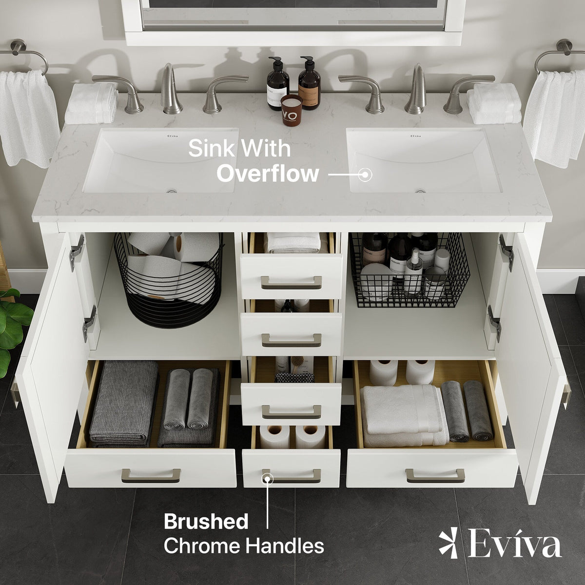 Eviva Aberdeen 48 in. Double Bath Vanity in Blue with White Carrara Marble Top and White Undermount Sinks