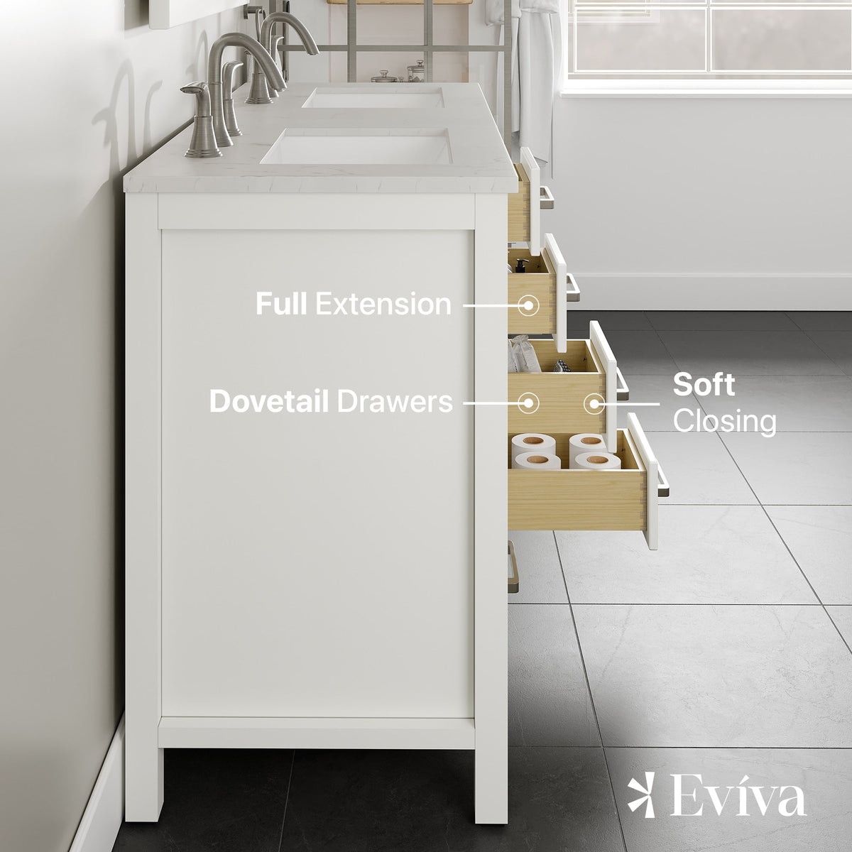Eviva Aberdeen 48 in. Double Bath Vanity in Blue with White Carrara Marble Top and White Undermount Sinks