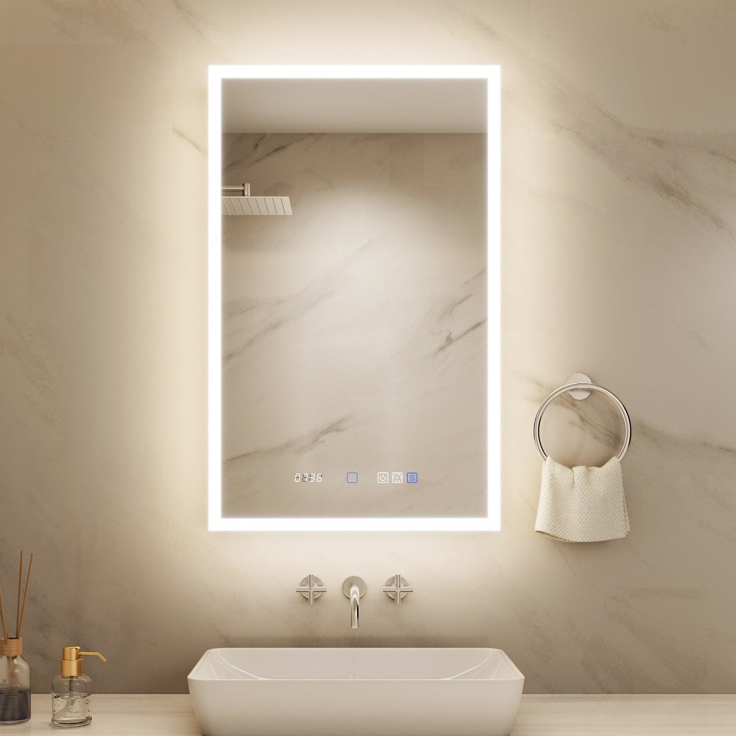 ExBrite 20-in x 32-in Lighted LED Fog Free Surface/Recessed Mount Silver Mirrored Soft Close Medicine Cabinet with Outlet