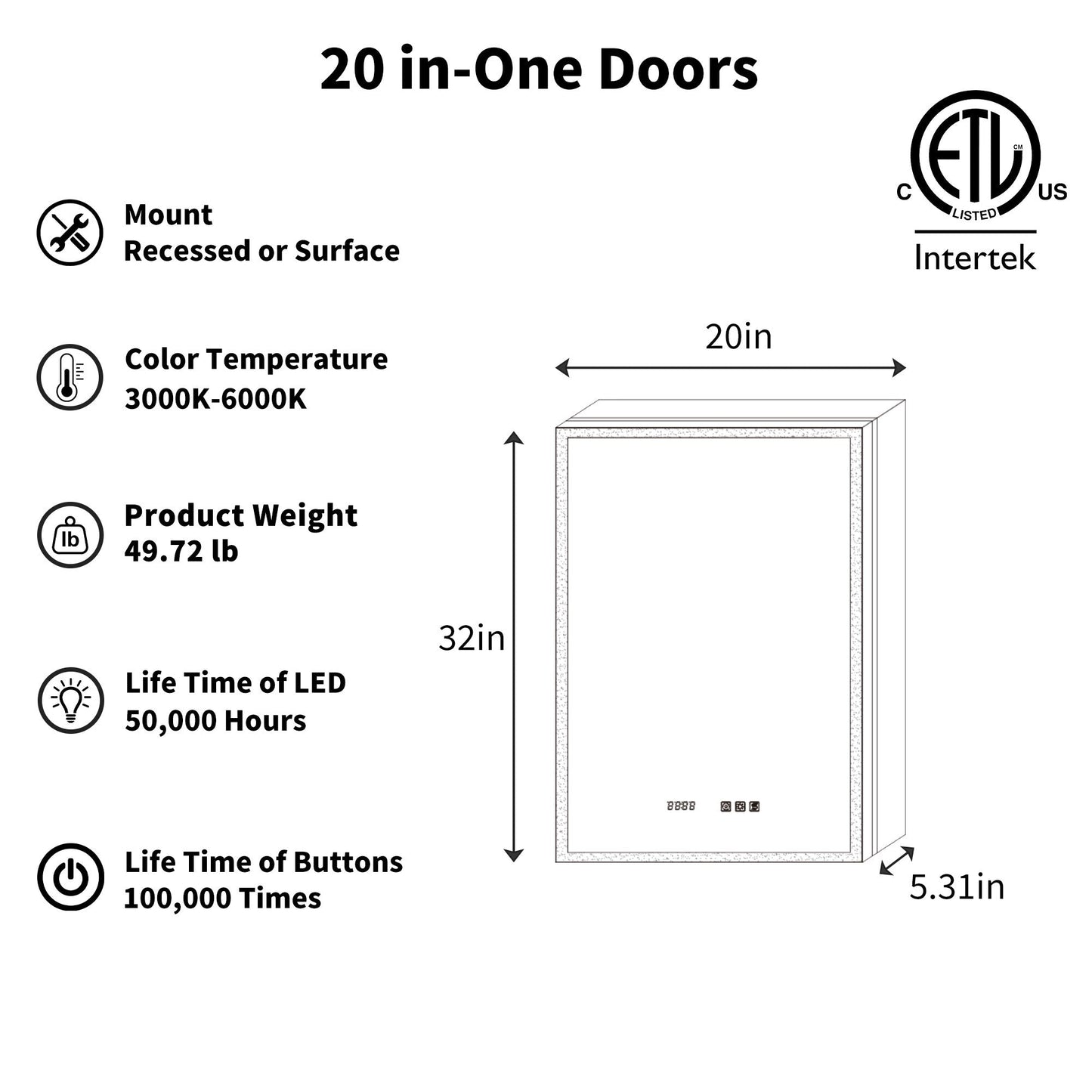ExBrite 20-in x 32-in Lighted LED Fog Free Surface/Recessed Mount Silver Mirrored Soft Close Medicine Cabinet with Outlet