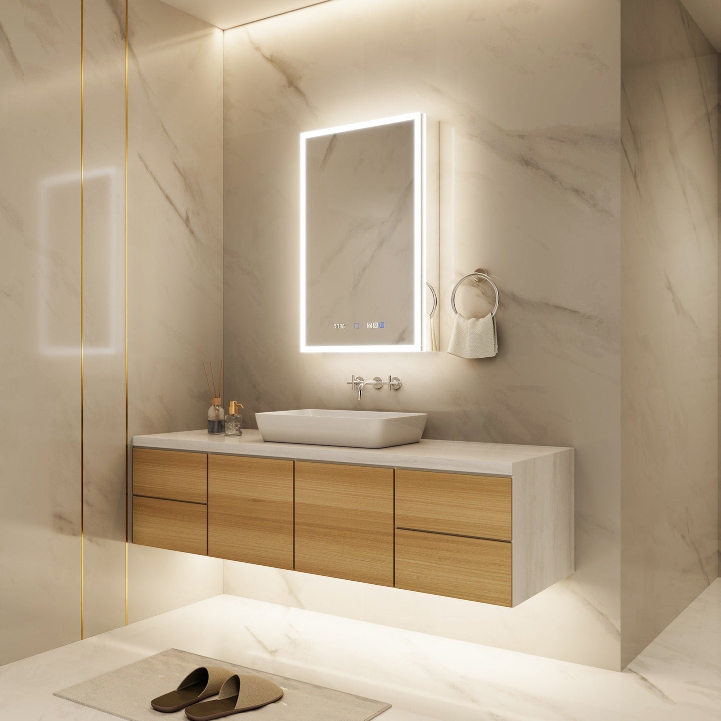 ExBrite 20-in x 32-in Lighted LED Fog Free Surface/Recessed Mount Silver Mirrored Soft Close Medicine Cabinet with Outlet
