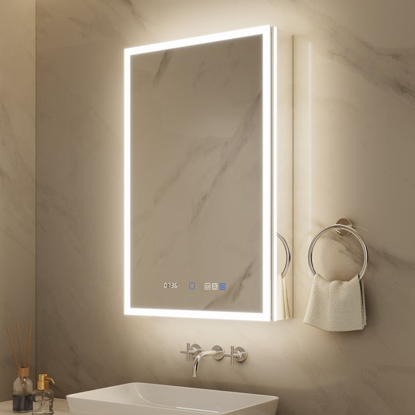 ExBrite 20-in x 32-in Lighted LED Fog Free Surface/Recessed Mount Silver Mirrored Soft Close Medicine Cabinet with Outlet