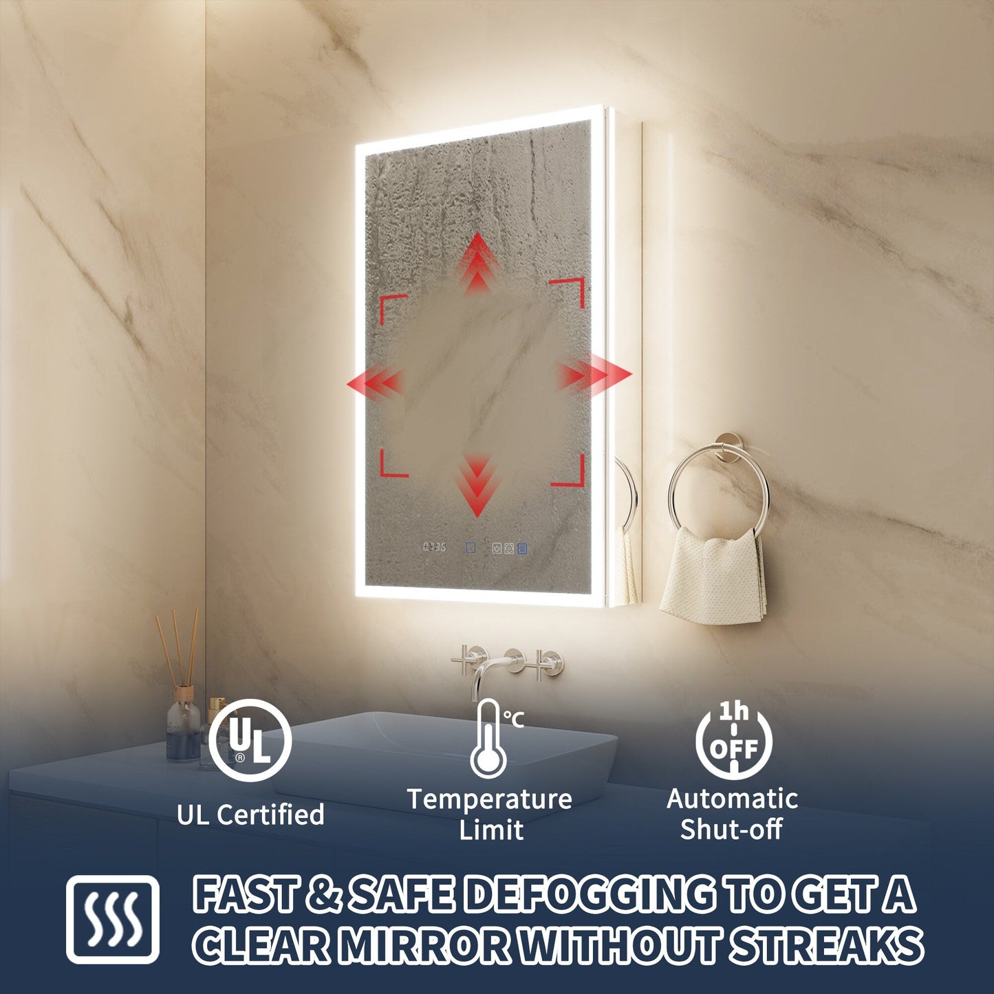 ExBrite 20-in x 32-in Lighted LED Fog Free Surface/Recessed Mount Silver Mirrored Soft Close Medicine Cabinet with Outlet