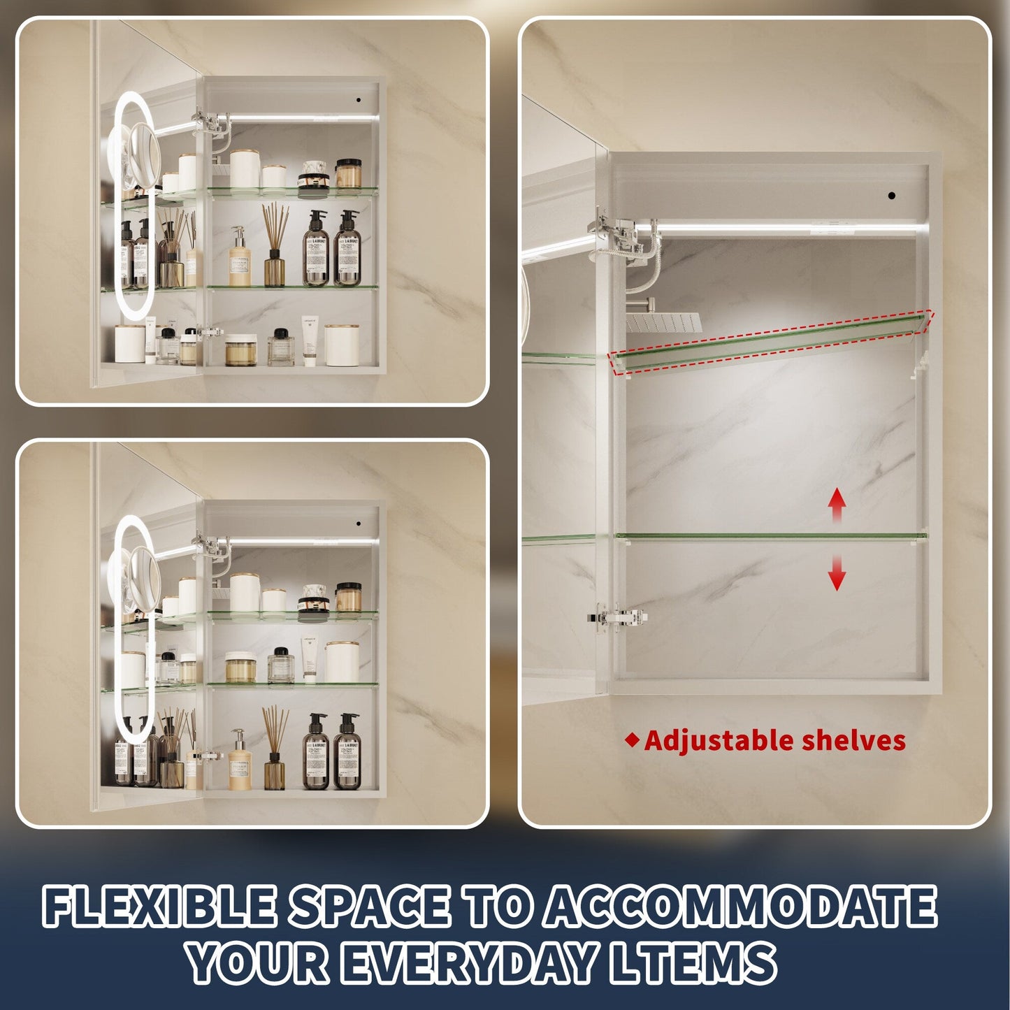 ExBrite 20-in x 32-in Lighted LED Fog Free Surface/Recessed Mount Silver Mirrored Soft Close Medicine Cabinet with Outlet