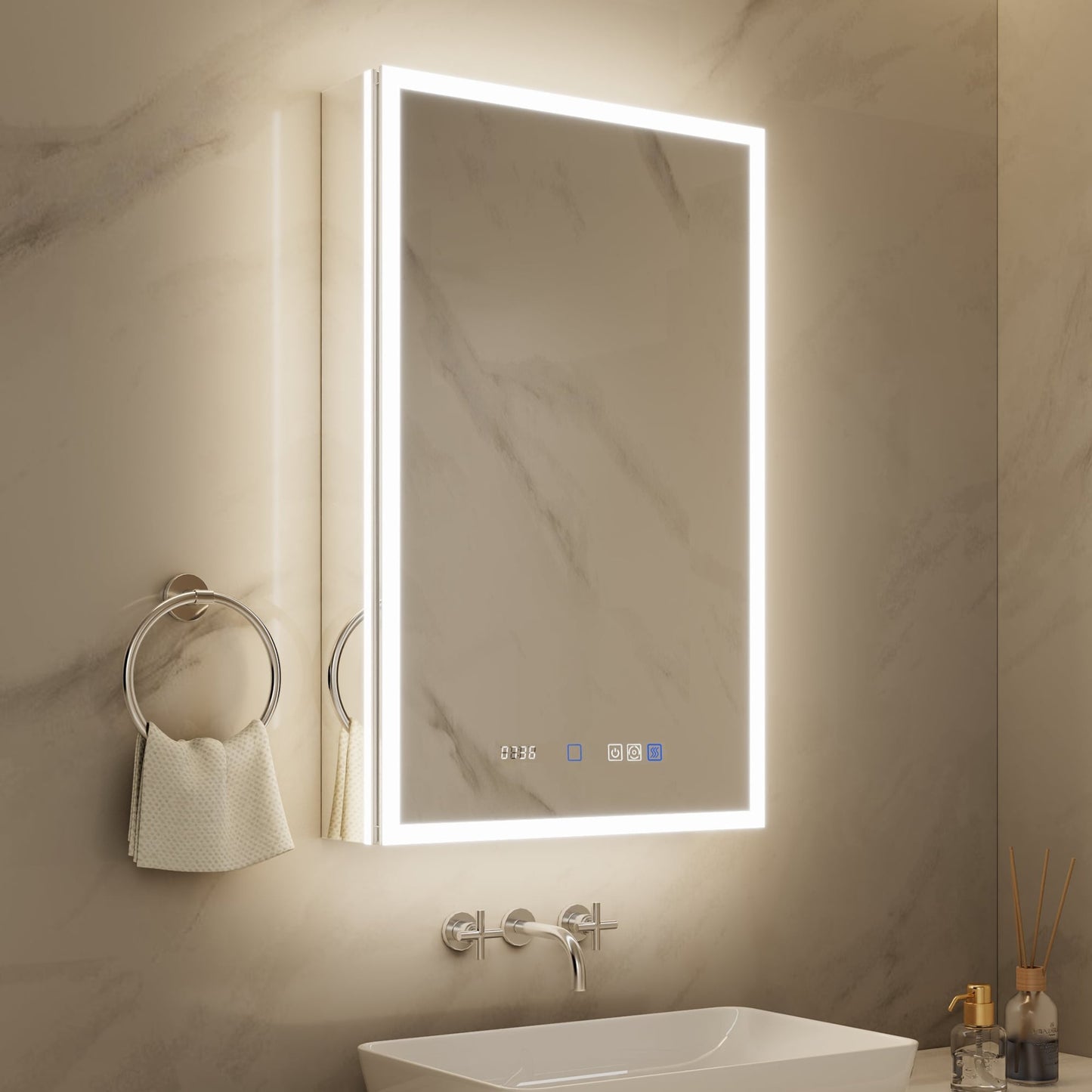 ExBrite 20-in x 32-in Lighted LED Fog Free Surface/Recessed Mount Silver Mirrored Soft Close Medicine Cabinet with Outlet