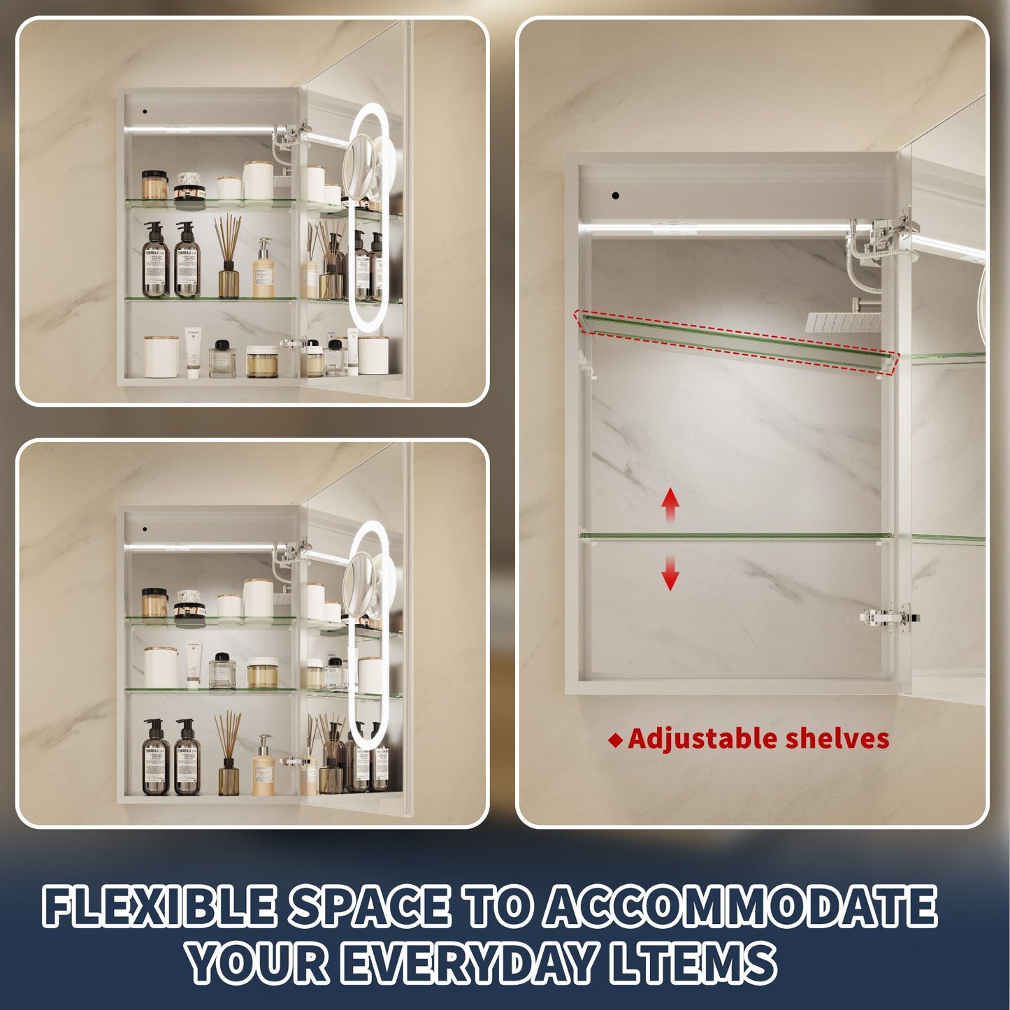ExBrite 20-in x 32-in Lighted LED Fog Free Surface/Recessed Mount Silver Mirrored Soft Close Medicine Cabinet with Outlet