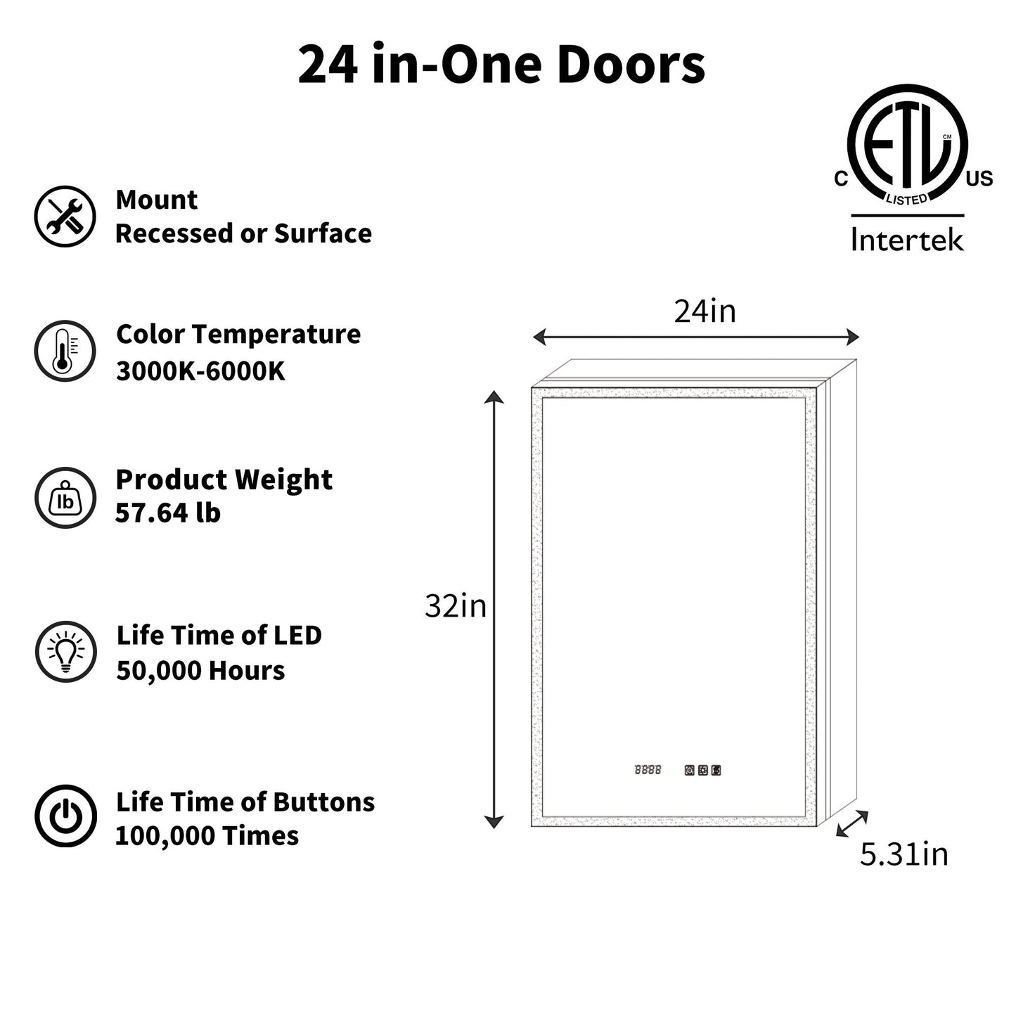 ExBrite 24-in x 32-in Lighted LED Fog Free Surface/Recessed Mount Silver Mirrored Soft Close Medicine Cabinet with Outlet