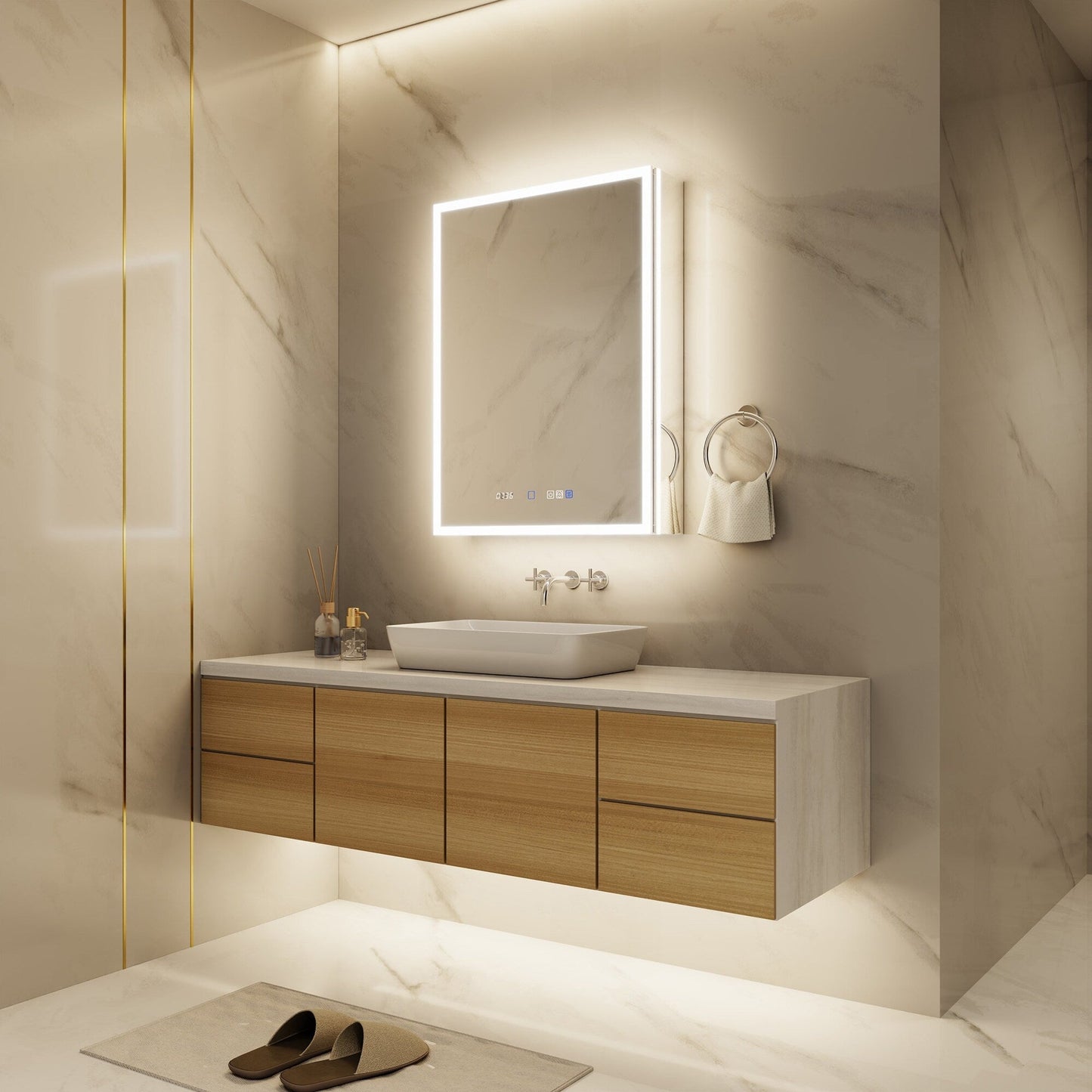 ExBrite 24-in x 32-in Lighted LED Fog Free Surface/Recessed Mount Silver Mirrored Soft Close Medicine Cabinet with Outlet
