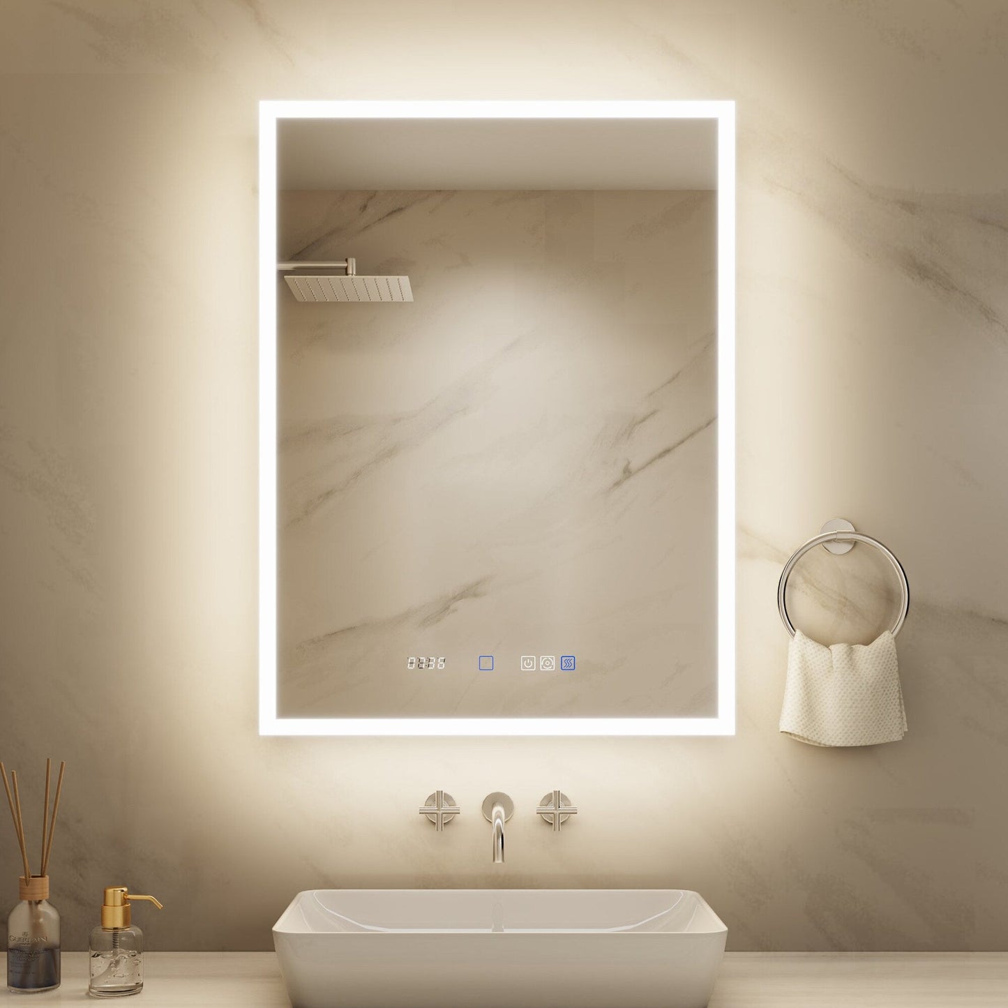 ExBrite 24-in x 32-in Lighted LED Fog Free Surface/Recessed Mount Silver Mirrored Soft Close Medicine Cabinet with Outlet