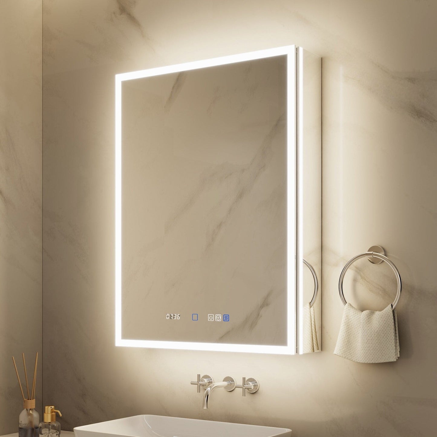 ExBrite 24-in x 32-in Lighted LED Fog Free Surface/Recessed Mount Silver Mirrored Soft Close Medicine Cabinet with Outlet