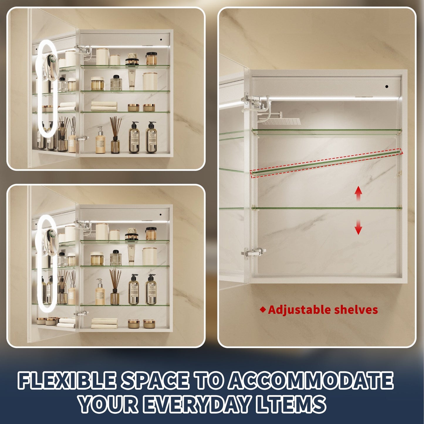 ExBrite 24-in x 32-in Lighted LED Fog Free Surface/Recessed Mount Silver Mirrored Soft Close Medicine Cabinet with Outlet