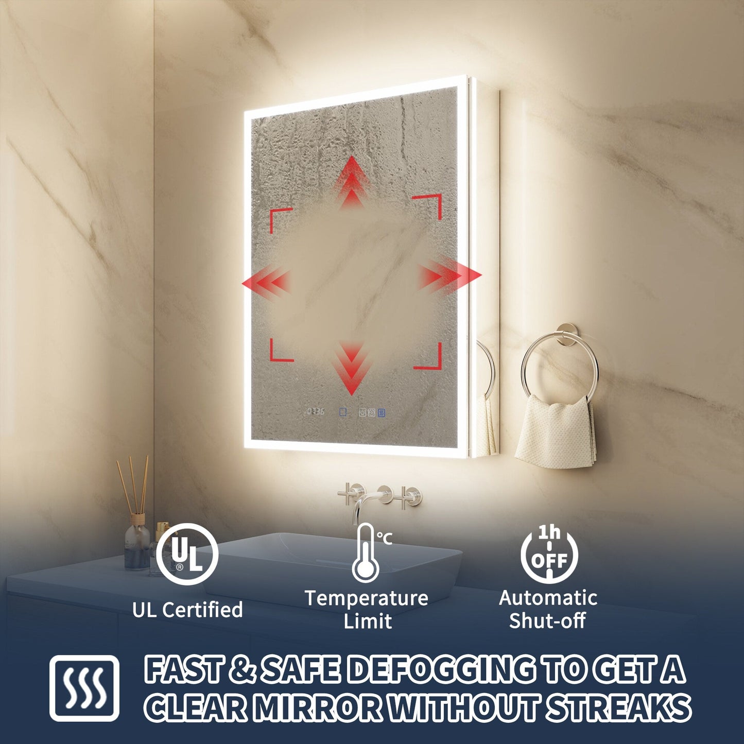ExBrite 24-in x 32-in Lighted LED Fog Free Surface/Recessed Mount Silver Mirrored Soft Close Medicine Cabinet with Outlet