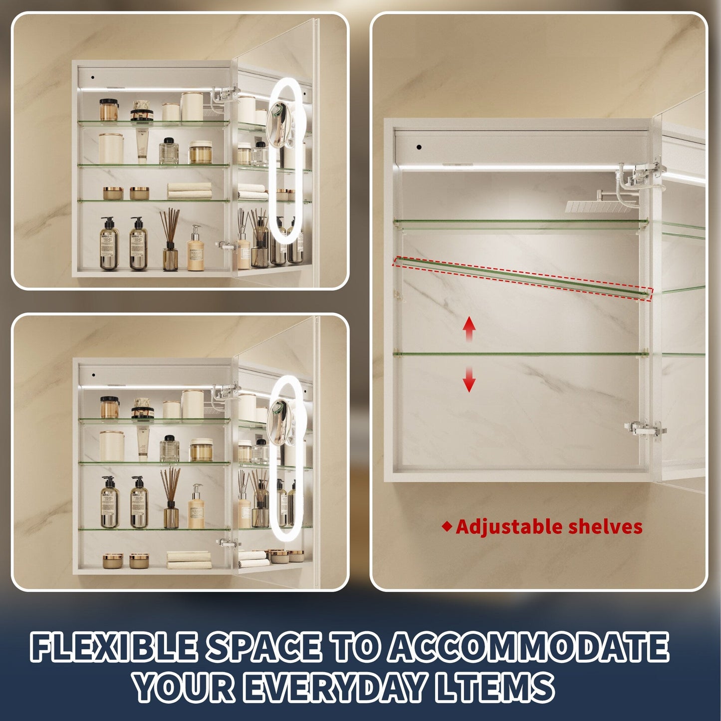 ExBrite 24-in x 32-in Lighted LED Fog Free Surface/Recessed Mount Silver Mirrored Soft Close Medicine Cabinet with Outlet