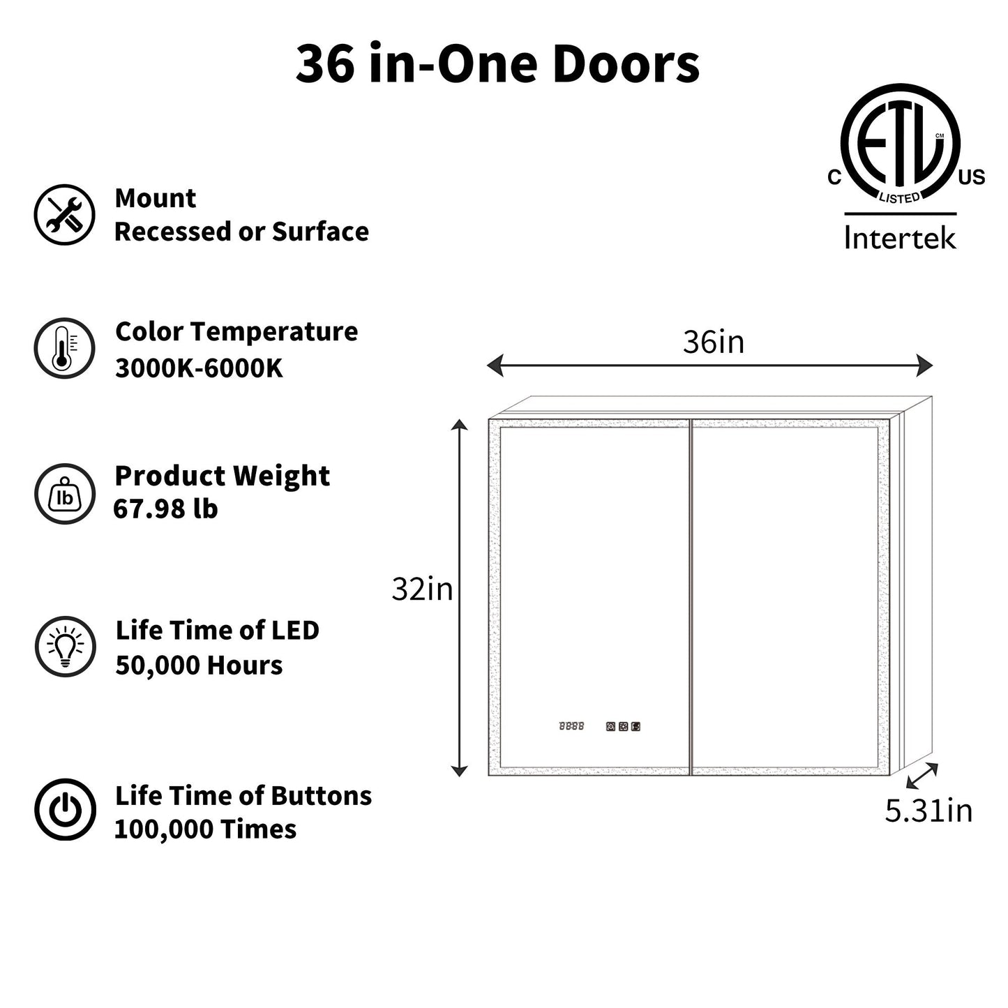 ExBrite 36-in x 32-in Lighted LED Fog Free Surface/Recessed Mount Silver Mirrored Soft Close Medicine Cabinet with Outlet