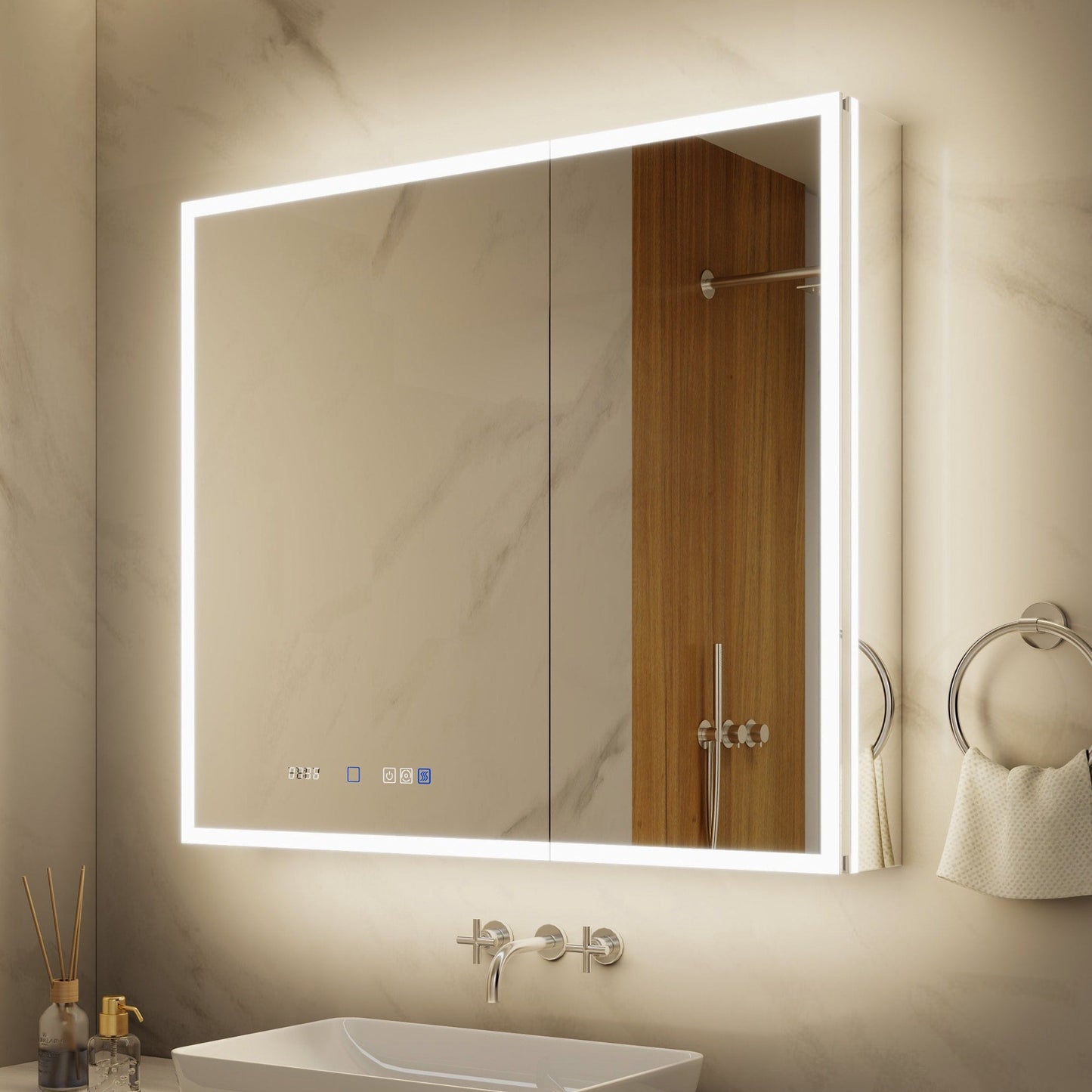 ExBrite 36-in x 32-in Lighted LED Fog Free Surface/Recessed Mount Silver Mirrored Soft Close Medicine Cabinet with Outlet