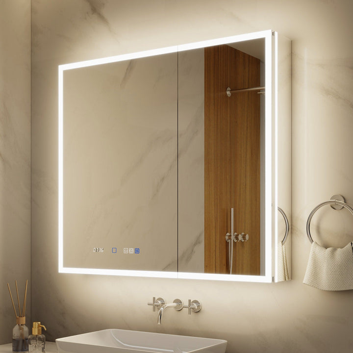 ExBrite 36-in x 32-in Lighted LED Fog Free Surface/Recessed Mount Silver Mirrored Soft Close Medicine Cabinet with Outlet