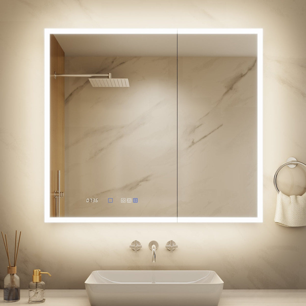 ExBrite 36-in x 32-in Lighted LED Fog Free Surface/Recessed Mount Silver Mirrored Soft Close Medicine Cabinet with Outlet