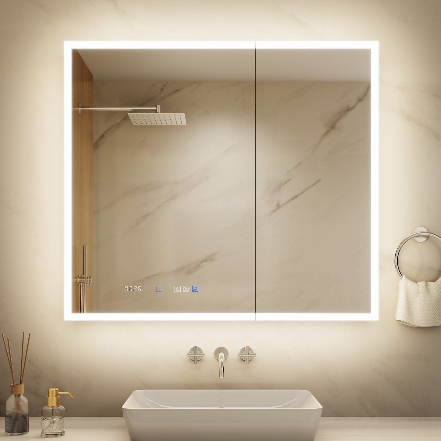 ExBrite 36-in x 32-in Lighted LED Fog Free Surface/Recessed Mount Silver Mirrored Soft Close Medicine Cabinet with Outlet