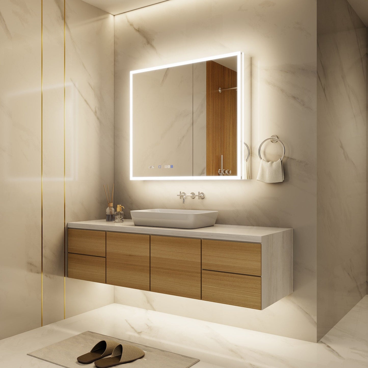 ExBrite 36-in x 32-in Lighted LED Fog Free Surface/Recessed Mount Silver Mirrored Soft Close Medicine Cabinet with Outlet