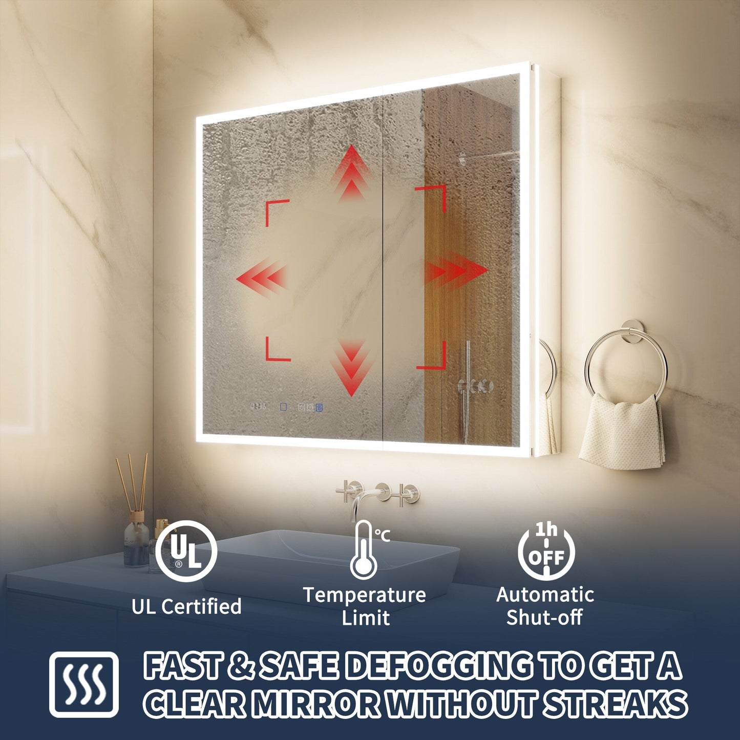 ExBrite 36-in x 32-in Lighted LED Fog Free Surface/Recessed Mount Silver Mirrored Soft Close Medicine Cabinet with Outlet