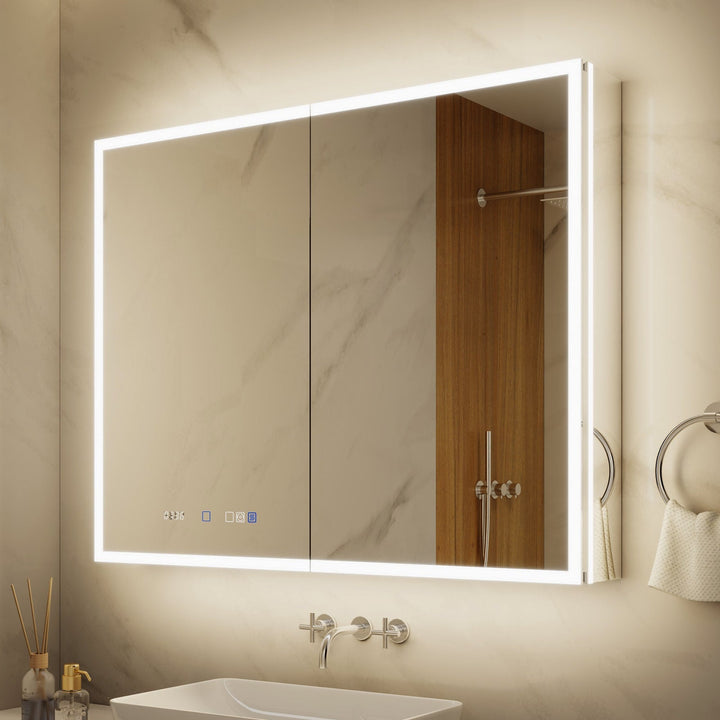 ExBrite 40-in x 32-in Lighted LED Fog Free Surface/Recessed Mount Silver Mirrored Soft Close Medicine Cabinet with Outlet