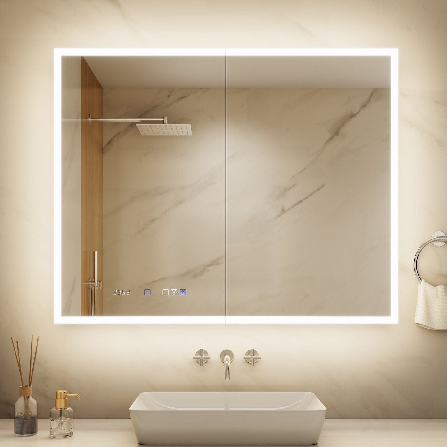 ExBrite 40-in x 32-in Lighted LED Fog Free Surface/Recessed Mount Silver Mirrored Soft Close Medicine Cabinet with Outlet