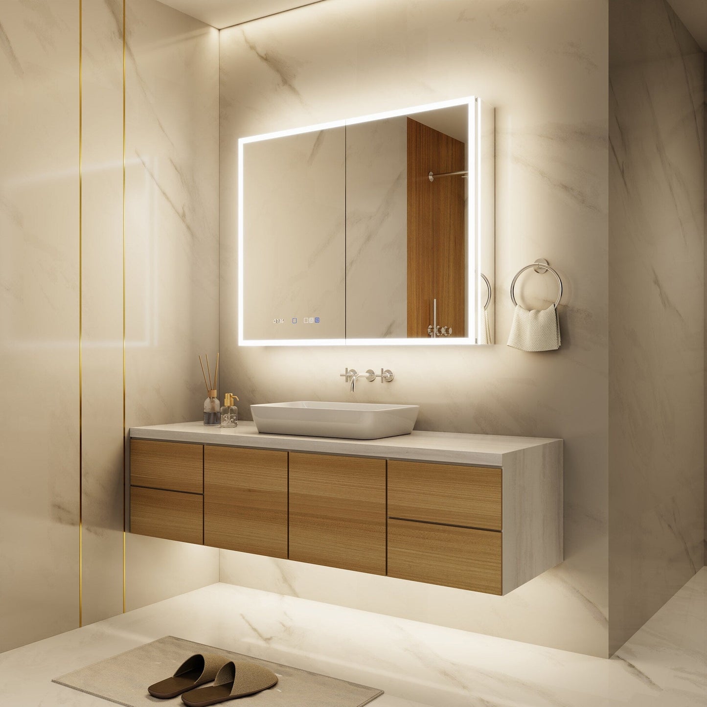 ExBrite 40-in x 32-in Lighted LED Fog Free Surface/Recessed Mount Silver Mirrored Soft Close Medicine Cabinet with Outlet