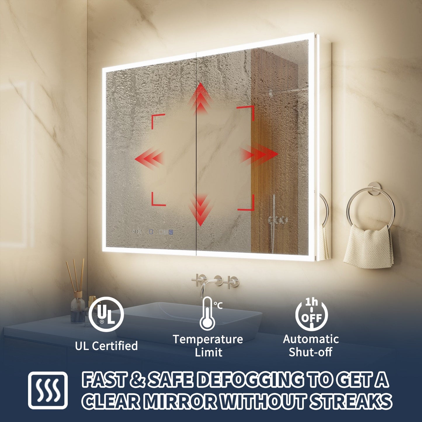 ExBrite 40-in x 32-in Lighted LED Fog Free Surface/Recessed Mount Silver Mirrored Soft Close Medicine Cabinet with Outlet