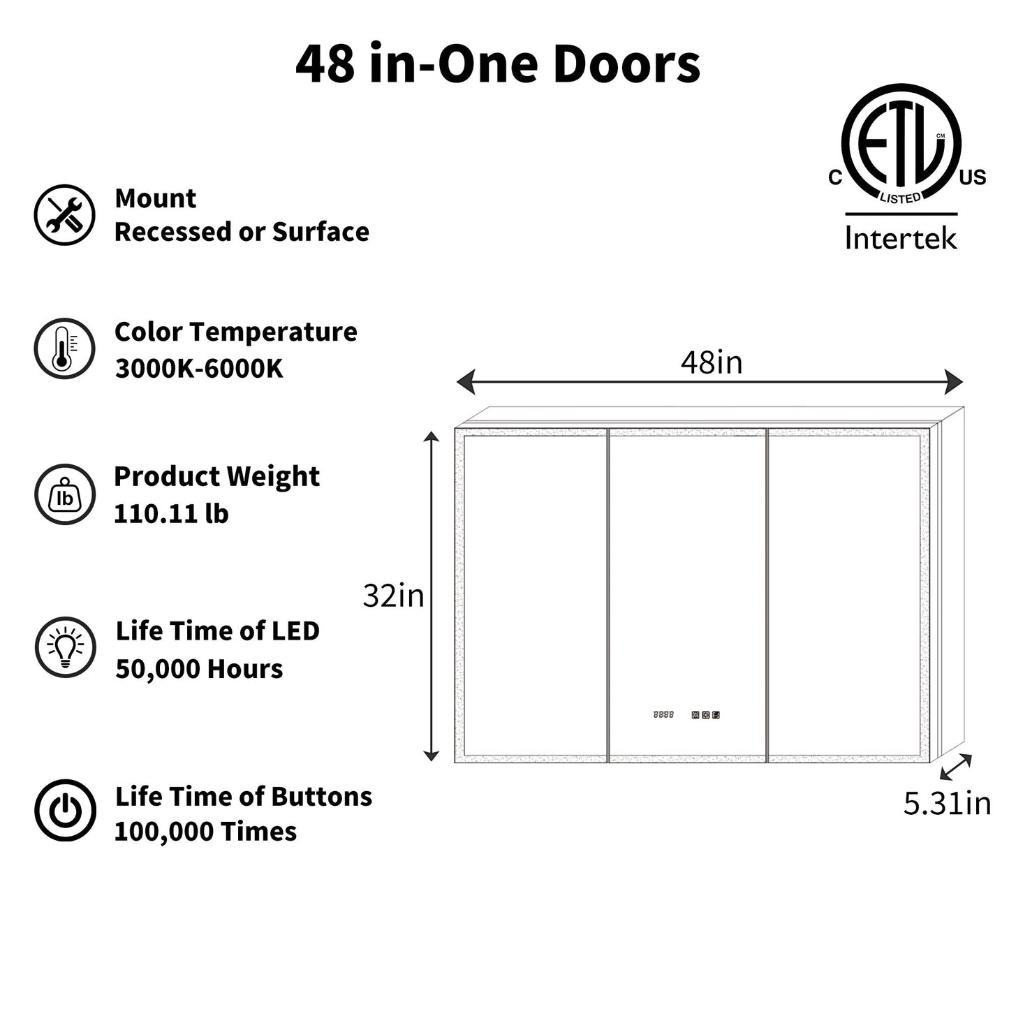 ExBrite 48-in x 32-in Lighted LED Fog Free Surface/Recessed Mount Silver Mirrored Soft Close Medicine Cabinet with Outlet