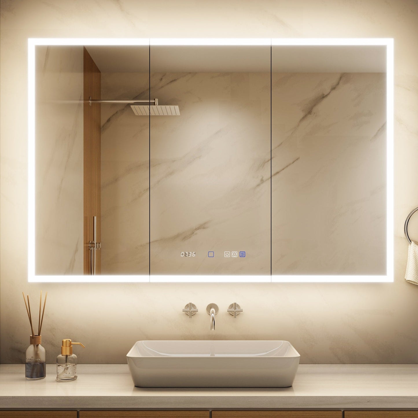 ExBrite 48-in x 32-in Lighted LED Fog Free Surface/Recessed Mount Silver Mirrored Soft Close Medicine Cabinet with Outlet