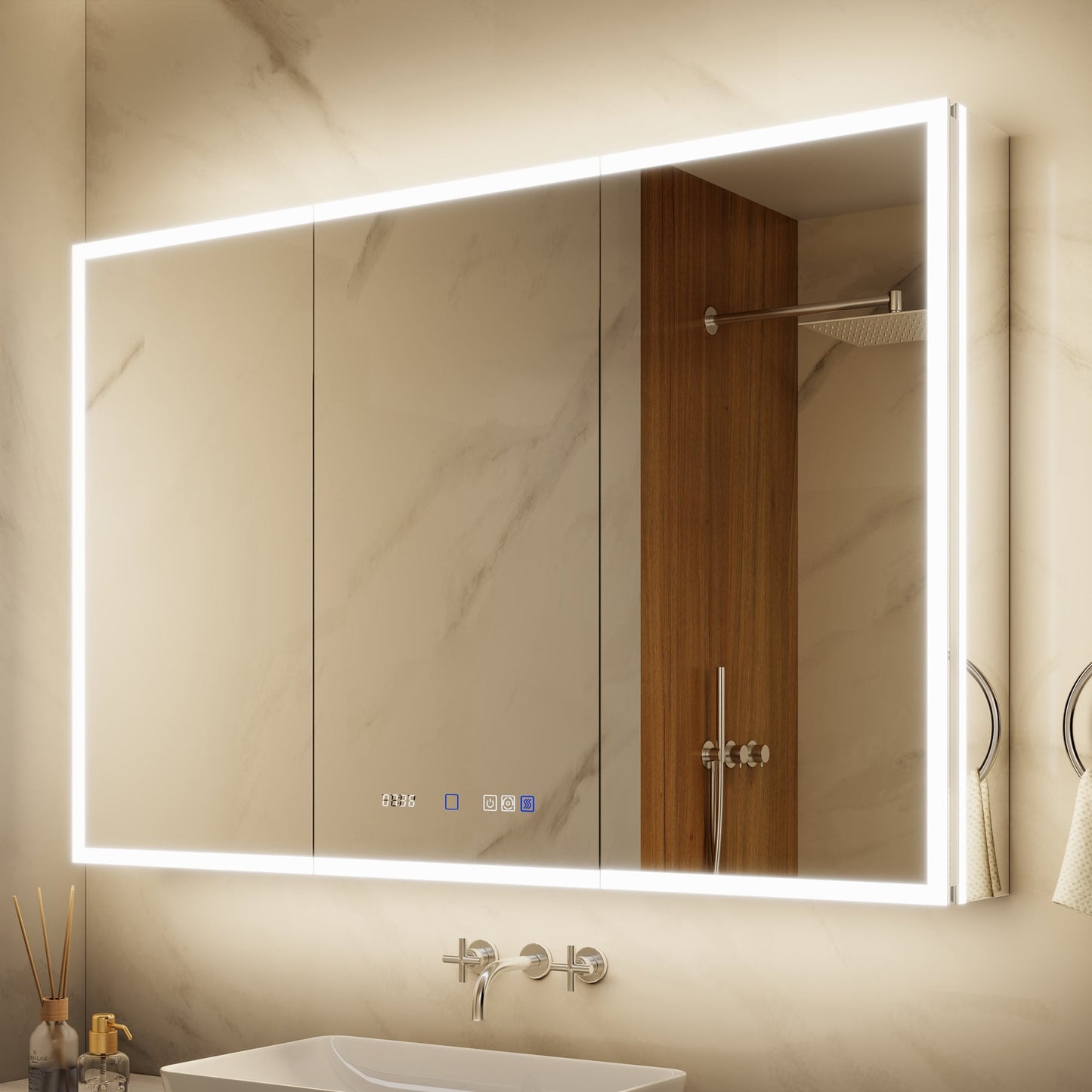 ExBrite 48-in x 32-in Lighted LED Fog Free Surface/Recessed Mount Silver Mirrored Soft Close Medicine Cabinet with Outlet