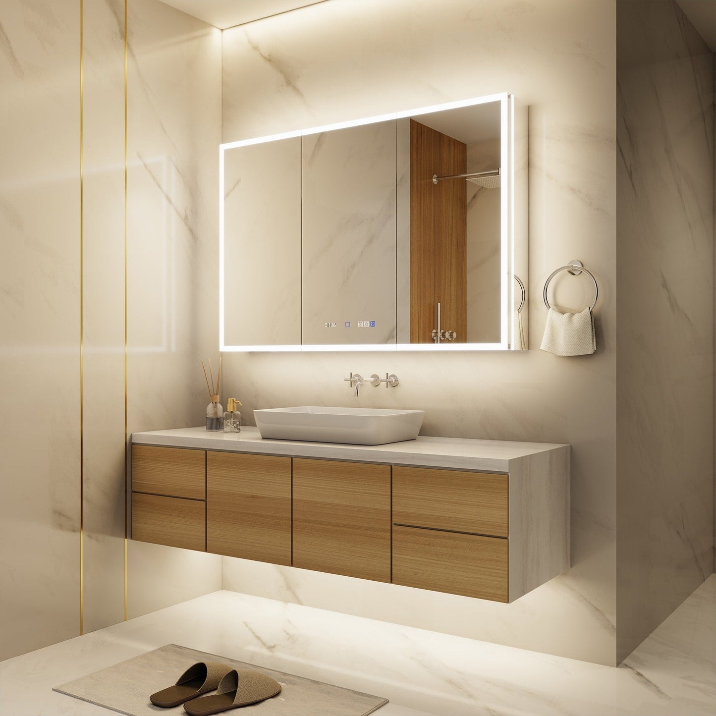 ExBrite 48-in x 32-in Lighted LED Fog Free Surface/Recessed Mount Silver Mirrored Soft Close Medicine Cabinet with Outlet