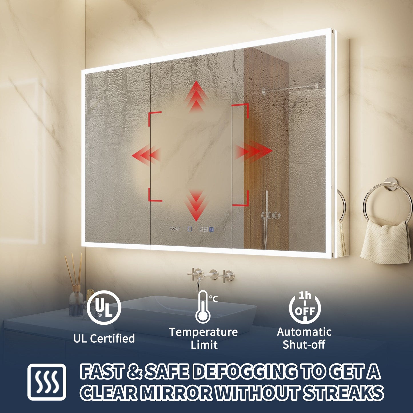 ExBrite 48-in x 32-in Lighted LED Fog Free Surface/Recessed Mount Silver Mirrored Soft Close Medicine Cabinet with Outlet