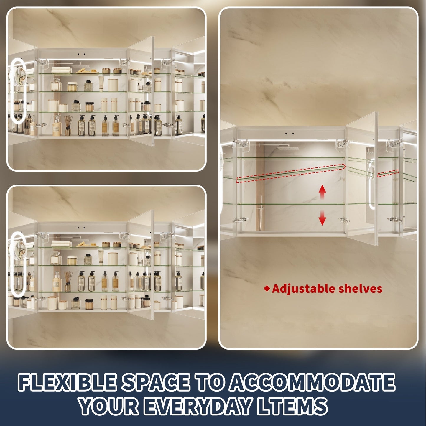 ExBrite 48-in x 32-in Lighted LED Fog Free Surface/Recessed Mount Silver Mirrored Soft Close Medicine Cabinet with Outlet