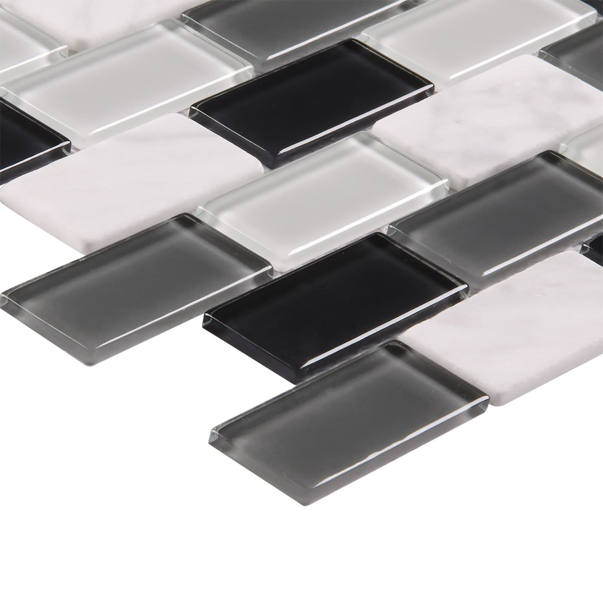 Elida Ceramica Midnight 12-in x 12-in Glossy Glass/Stone Marble Brick Mosaic Wall Tile