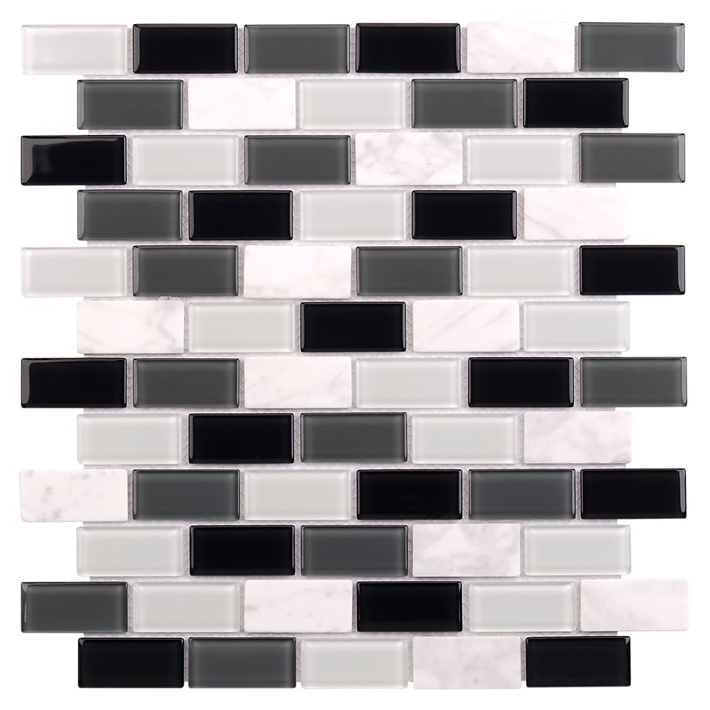 Elida Ceramica Midnight 12-in x 12-in Glossy Glass/Stone Marble Brick Mosaic Wall Tile