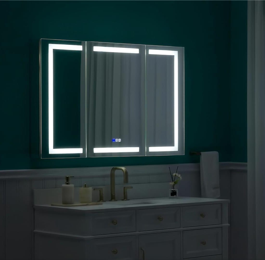 Forclover 48-in x 30-in Lighted LED Fog Free Surface/Recessed Mount Silver Mirrored Soft Close Medicine Cabinet with Outlet